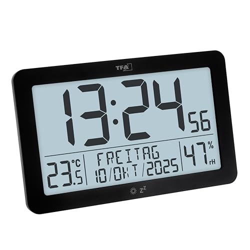 TFA Dostmann 60.2568.01 - Reloj de Pared Digital con Radio, Pantalla Grande con Temperatura y Humedad, Fecha, días de la Semana, Incluye luz de Fondo, fácil de Leer, 20 x 12 cm, Color Negro