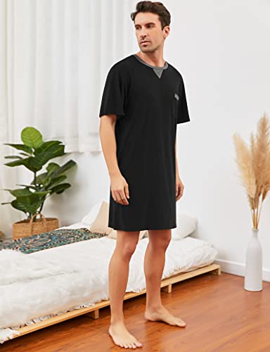 Men Summer Short Sleeve Nightshirt Knee Length Nightgown Cotton Sleep Shirt Lounge Wear with Chest Pocket4
