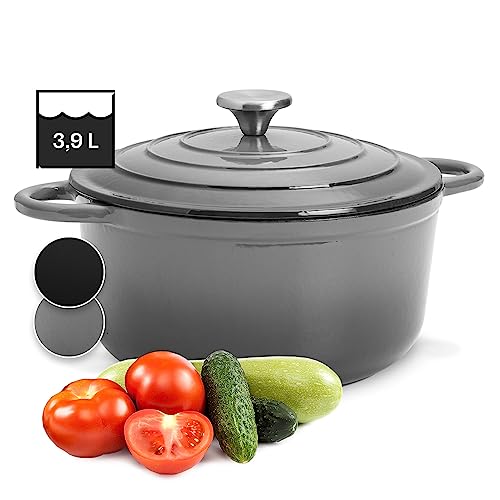 ToCis Big BBQ Olla Hierro Fundido cin Capacidad de 3,9 l., Cazuela de Hierro Fundido con Tapa, Cacerola para Horno Esmaltado a prueba de Fugas, Ollas de Hierro Pequeñas Aptas para Lavavajillas