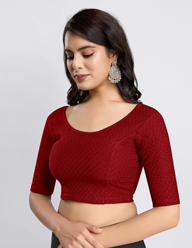 Image of TRENDMALLS Women's Dobby Pure Cotton Elastin Stretchable Readymade Round Neck Elbow Length Sleeves Blouse Choli Stylish Saree Blouse Ready to Wear
