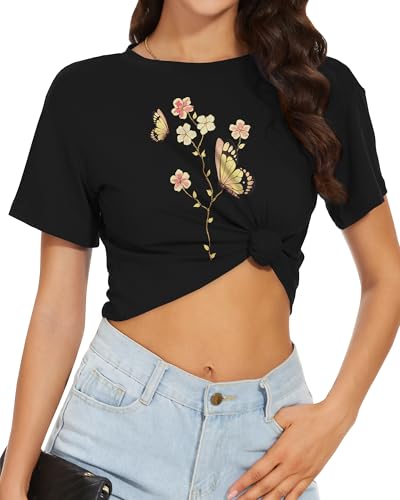 Image of Womens Summer Crop Tops Short Sleeve Round Neck T-Shirts Loose Fit Casual Blouse 2026