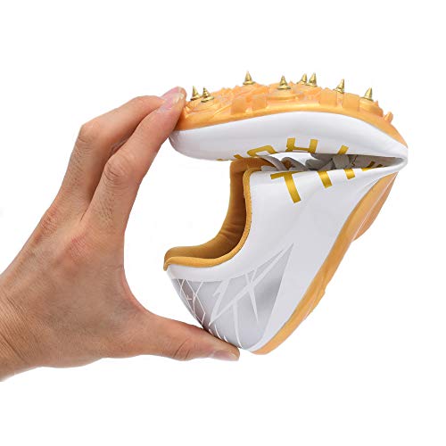 THESTRON Track Shoes Spikes Mens Womens Distance Running Sneakers Athletic Sprinting Track and Field Racing Shoes with Spikes Boys Girls … White-Gold - Thumbnail 5