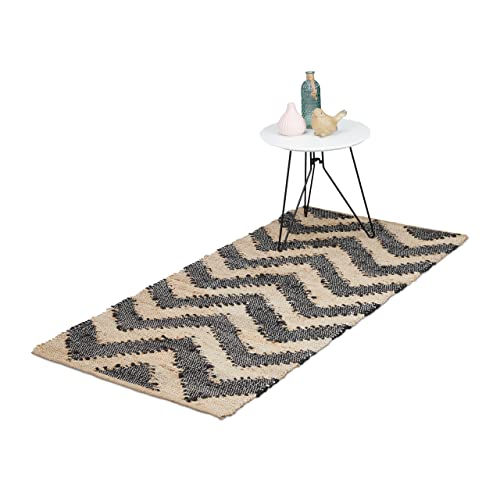 Relaxdays Läufer, Zick-Zack, 70 x 140 cm, Baumwolle & Jute, rutschfest, handgewebt, Diele & Flur, Teppich, beige-schwarz