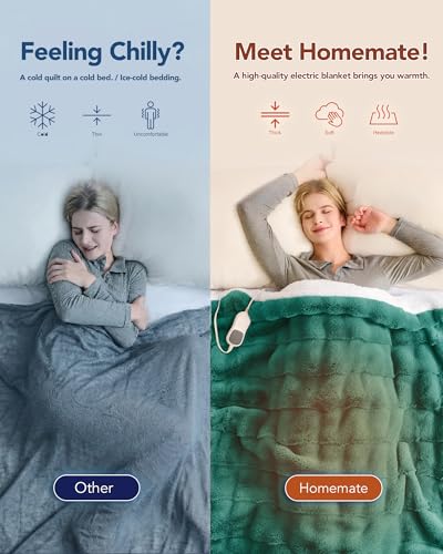 Image of Homemate Electric Heated Blanket Full Size - 72 inchx84 inch Heating Blanket Full Size 1 /2 /4 /6 /8 Hours Auto-Off 10 Heat Level Over-Heat Protection Luxury 800 GSM Faux Fur 200 GSM Sherpa ETL Certification