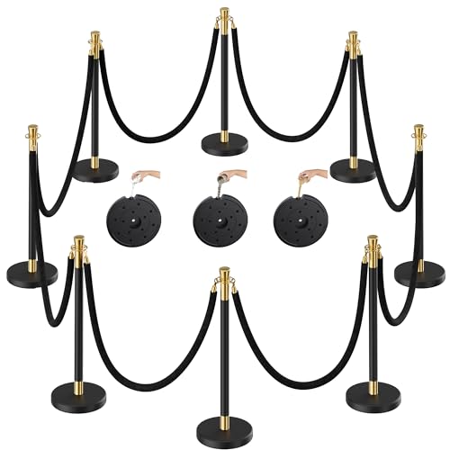CAMMOO 8pcs Sturdy Stanchion Posts, 8pcs High Quality Black Velvet Ropes, Water/Sand/Concrete Fillable Leakproof Base, Crowd Control Barriers for Birthday, Prom, Business, Wedding, Red Carpet