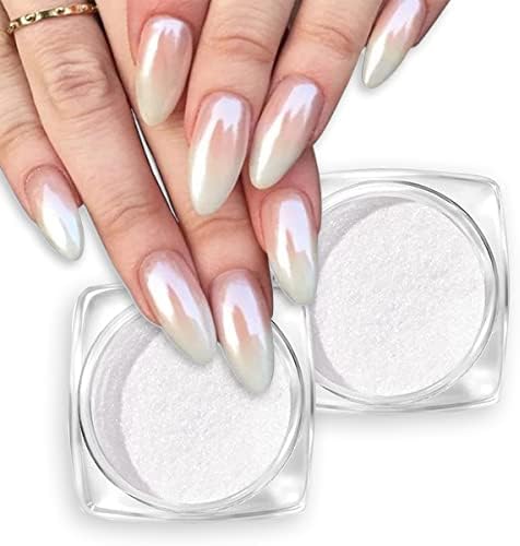 2 Boxes Premium Pearl Chrome Nail Powder Glitter, Ice Transparent Holographic Neon Rainbow Aurora Chameleon Nail Art Powder White Chrome Nail for Home DIY with 2PCS Sponge Sticks