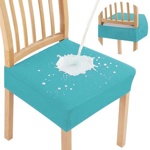 Image of Smiry Waterproof Seat Covers for Dining Room Chairs, No Rear Covers | Stretch Jacquard Removable Washable Chair Seat Slipcovers Protector, Set of 8, Aqua