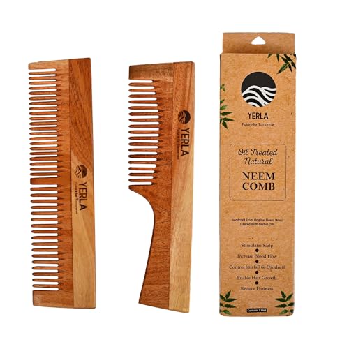 Image of YERLA Handmade Kacchi Neem Wooden Comb Set for Women & Men | Herbal Hair Growth Comb Infused with 17 Herbs & 4 Natural Oils | Anti-Dandruff, Frizz Control & Shine | Multi-Size Wooden Comb Combo (Pack of 2)