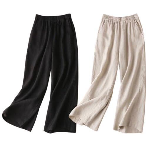 Pantalon femme été fluide en lin à jambe large | Lot de 2