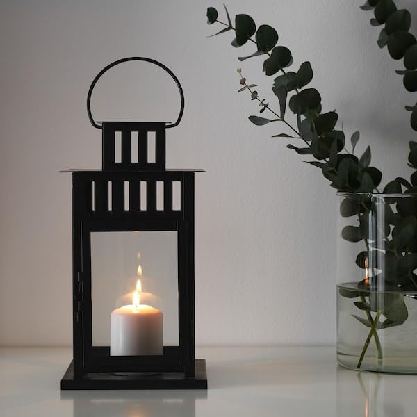 Black Metal Lantern for Pillar Candles – 11-Inch Indoor/Outdoor Decorative Candle Holder with Glass Panels & Handle – Rustic Modern Lantern for Patio, Tabletop, or Entryway