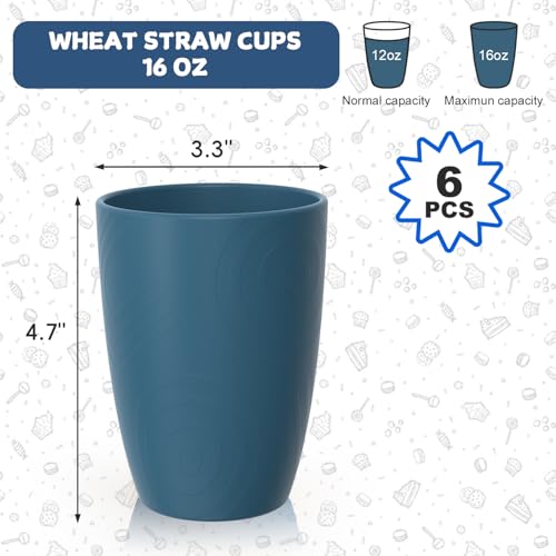 Image of Plastic Drinking Cups Set of 6, 16 OZ Wheat Straw Cups, Dark Blue | Reusable and Lightweight Plastic Tumblers for Daily Use & Outdoor