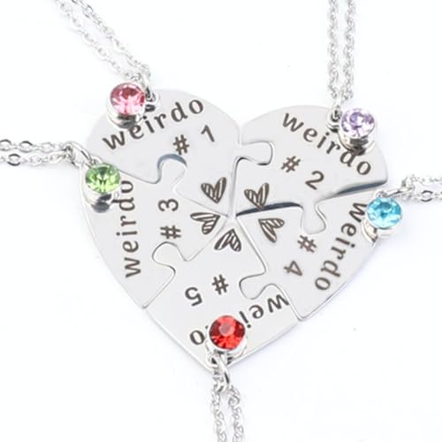 Heart Bff Necklace for 5, Best Friend Necklaces Set of 6, Weirdo 1 2 3 4 Sister Friendship Jewelry in Stainless Steel