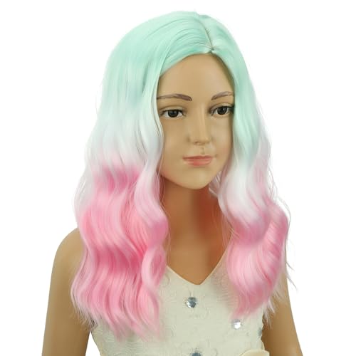 Image of PATTNIUM Rainbow Short Curly Wavy Wigs for Kids Girls Green White Pink Ombre Heat Resistant Synthetic Wig Halloween Cosplay Costume Party Wigs