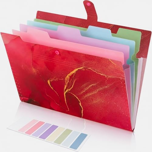 Image of Corslet Expanding File Folder, Aesthetic Folders for School, Accordion File Organizer, Aesthetic Folder with Labels,5 Pockets Important Document Folders (Rose Red Marble File Folder)