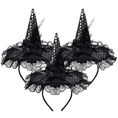 PPGGOPP Diadema de Bruja Halloween,3 Piezas diadema de Sombrero de Bruja,Diademas de halloween,Bruja Diadema Decoración para Decoración de Fiesta de Disfraces de Halloween Cabello (Negro)