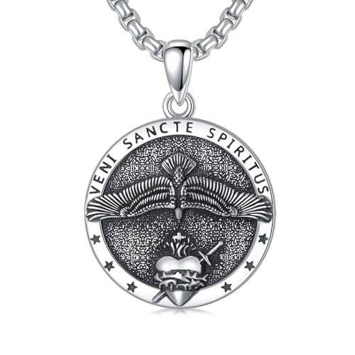 Seiyang Holy Spirit Medal 925 Sterling Silver Holy Spirit Pendant Sacred Heart Necklace Protection Jewelry Religious Gifts