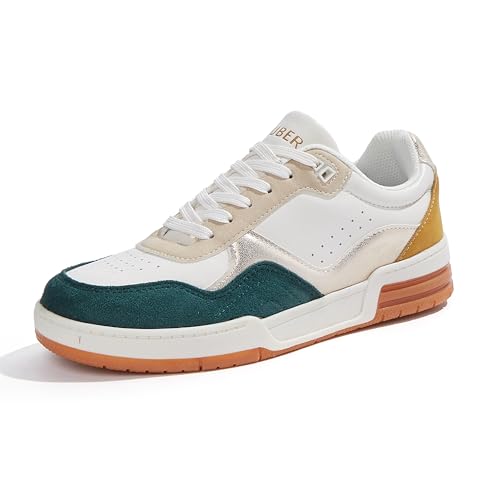 Niluber Women's Fashion Low Top Sneakers - White PU Leather Tennis Shoes-Lace Up Comfortable Casual Waking Shoes(Yellow/Green
