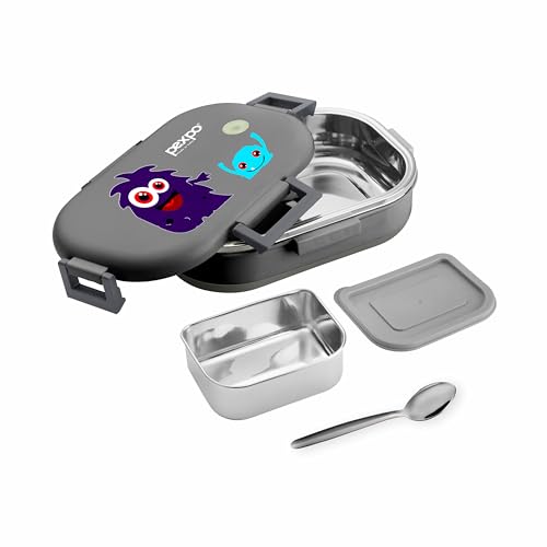 Image of Go24 pexpo Tango Monster(Purple) Print Stainless Steel Insulated Tiffin Box for Kids (650ml) and Small Container (150ml) with Spoon - Grey| | Anti-Skid Rubber Base|Kids Lunch Box for School, Picnic