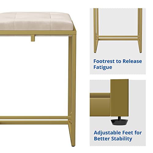 Cozy Castle Velvet Bar Stool, Square Tufted Counter Stool, 24 Inch Island Chairs For Kitchen Counter, Gold Frame Barstool Set Of 2, Beige #TOP5