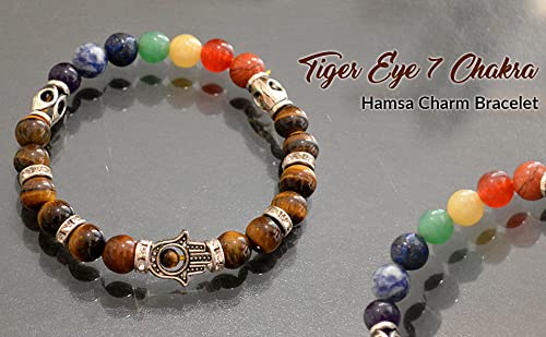 Image of Reiki Crystal Products Certified Natural Crystal Stone 7 Chakra with Hamsa 8 mm Round Beads Bracelet for Men & Women | Reiki Charged Gemstone Bracelet | Multiple Stone Variants Available