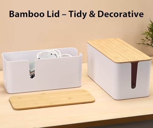 Image of ZhiYo Large Cable Management Box, Thick ABS Power Strip Organizer, White | Extra-Tall Design for Oversized Adapters, Natural Bamboo Lid, Fits Power Strips Up to 12.5 inch Long, Ideal for Desks, TV Areas