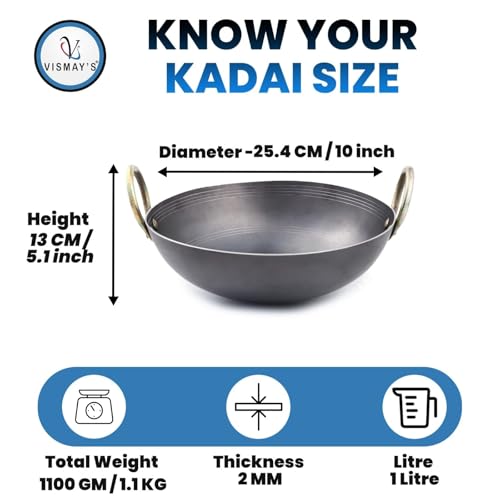 Image of VISMAY'S 1 Litre 10 Inch Food Grade Iron Kadhai Wok Frypan Lohe ki Kadai Smooth Edges Riveted Handles Deep Frying, Roasting Metal Spoon Friendly Traditional Indian Cooking Durable Kitchen Cookware