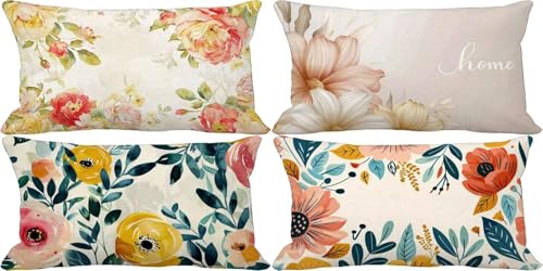 Fundas Cojines 40x70 Juego de 4 Color Cojines Exterior Suave Cushion Covers Flor Diseño Estampado con Cremallera Invisible para Verano Otoño Exterior Jardín Patio Coche Decorativos Regalo f20-06