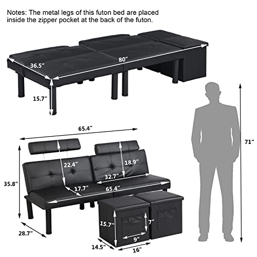 Vuyuyu Convertible Futon Sofa Bed With Two Storage Ottoman/Coffee Table, Folding Loveseat Sleeper, Small Couch For Compact Living Space, Apartment, Dorm, Bedroom, 3 Angles/Metal Legs, Yls009, Black #TOP2