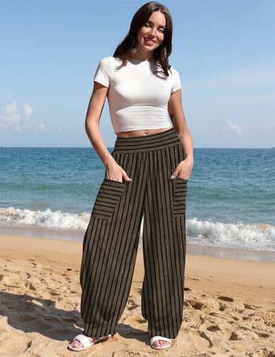 Image of TARSE Women's Linen Wide Leg Pants Baggy High Waist Palazzo Pants