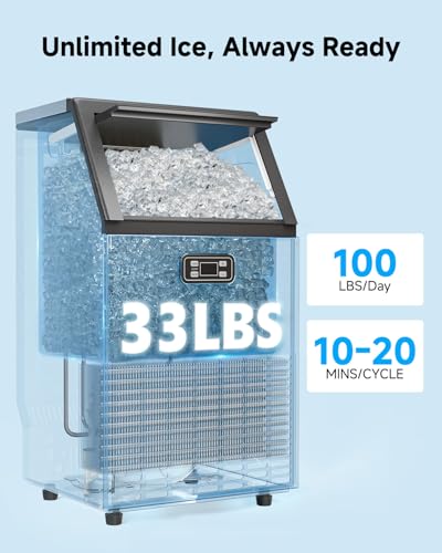 Image of Feelfunn Commercial Ice Maker Machine - 100LBS /24H, 33lbs Storage Capacity, Stainless Steel Freestanding & Under Counter Ice Maker with Self-Cleaning, 24H Timer, Ideal for Home Bar Office Restaurant