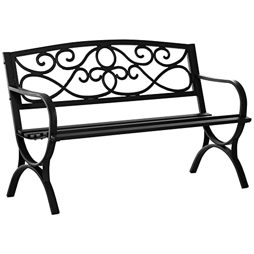 Outsunny Banc de Jardin 2 Places Banquette extérieur terrasse Patio Dossier incliné Assise à Lattes accoudoirs Confortables châssis Acier Fonte 128 x 58,5 x 85 cm Noir