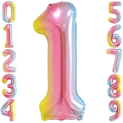 Image of Rainbow Gradient Number 1 Balloon 40 Inch Big Large Balloons 0-9 | 1st Helium Foil Mylar Number Balloons for Birthday Anniversary Party Decorations