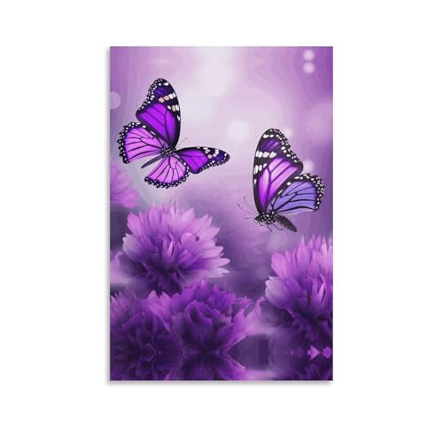 Toile murale suspendre fleurs violettes papillons décoration 60x90