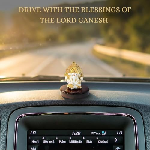 Image of 24k Gold Plated Kalpavrikshya Tree Ganesh Idol Ganpati Murti for Car Dashboard, Office Desk, Hindu God Gift & Home Decor - Resin (White)