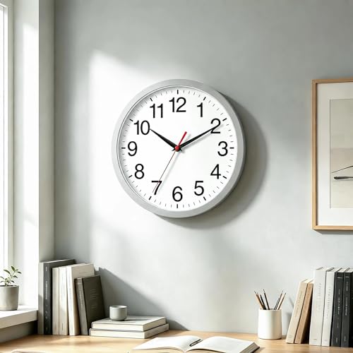 Image of Rohioue 12 Inch Wall Clock, Modern Battery Operated Wall Clocks, Silent Non Ticking Analog Clock for Bedroom, Kitchen, Bathroom, Office, Home, Living Room (Silver)