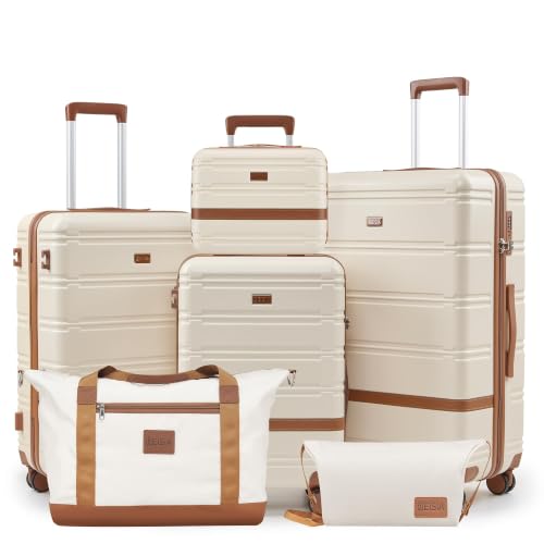 Image of NEISIA Luggage Sets with spinner wheels, PC+ABS Hard Shell Travel Luggage,Lightweight Carry-on suitcases with TSA Lock,YKK Zippers (Beige(N), 6 piece sets (14 /20 /24 /28 /DB /TB)