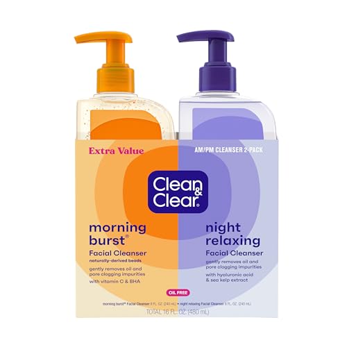 Clean & Clear 2-pak środek do mycia twarzy na dzień i noc cytrusowy poranny płyn do twarzy z witaminą C i ogórkiem, relaksujący środek do mycia twarzy na noc z minerałami morskimi, bezolejowy i