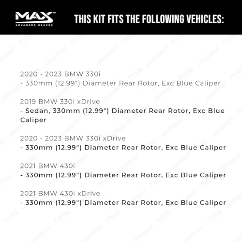 Image of Max Advanced Brakes Rear Brake Kit Compatible With 2019 2020 2021-2023 BMW 330i 330e 430i xDrive w /12.99 inch Dia Rr Rotor Replacement Geomet Coated OE Disc Brake Rotors and Ceramic Brake Pads