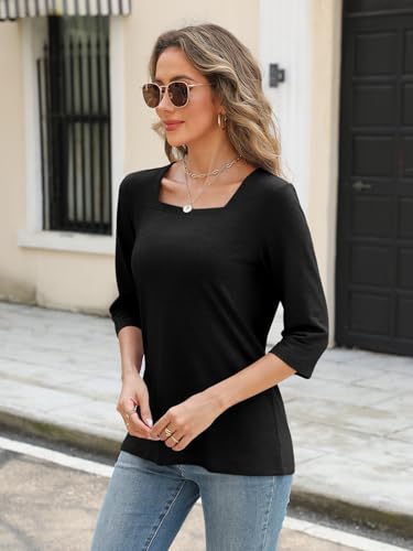 TICTICMIMI Women's Square Neck 3/4 Sleeve Tops Casual Pullover T Shirts Summer Basic Loose Fit Tunic Blouse3