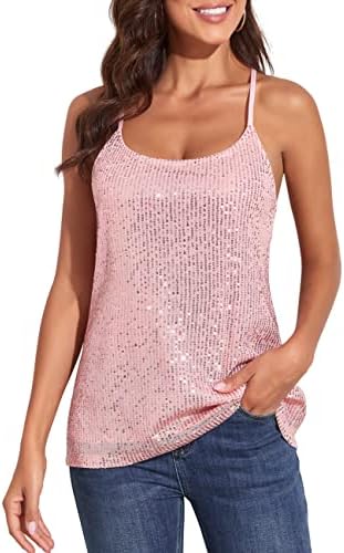 kayamiya Women's Sleeveless Sparkle Shimmer Camisole Vest Sequin Tank Tops Pink L