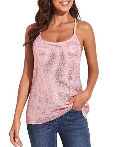 Kayamiya Women's Sleeveless Sparkle Shimmer Camisole Vest Sequin Tank Tops Pink L #TOP1