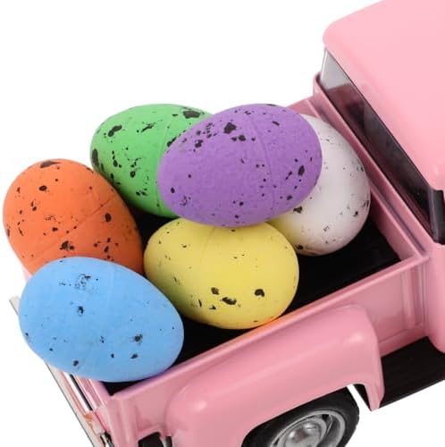 SUPVOX Pink Vintage Truck Decor: Diecast Metal Pickup with 6 Easter Egg Ornaments - Retro Farmhouse Tabletop Figurine for Holiday & Home Office Display