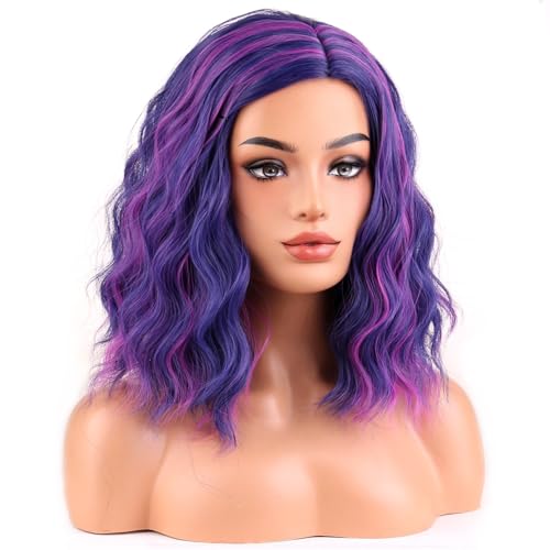 Image of BERON Blue Mixed Pink Wigs for Women Girls Pink and Blue Side Part Short Curly Wavy Wig Shoulder Length Body Wave Halloween Cosplay Daily Party Wigs