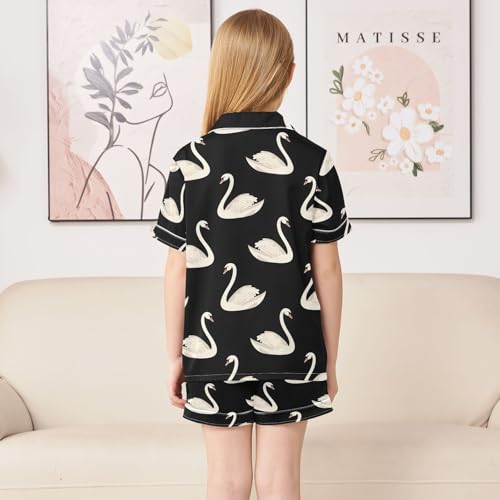 ALAZA White Swan Black Pajamas Satin Pajama Set Short Sleeve Button Down Sleepwear4