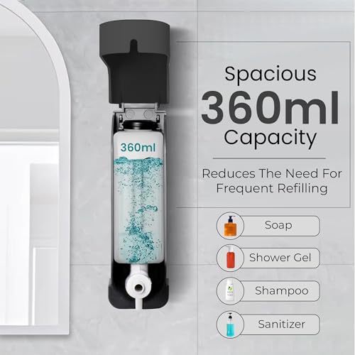 Image of Robustt Stylish Wall Mounted Liquid Soap Dispenser 360ML (Black, Pack of 1) - with Adhesive Hooks | Easy Installation for Bathroom & Kitchen - Durable ABS Material, Sleek Design