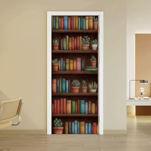 arricraft 2 autocollants 3D pour porte, 80 cm x 200 cm, illustrations de livres, motif étagère marron, décorations, stickers muraux pour porte, papier peint...