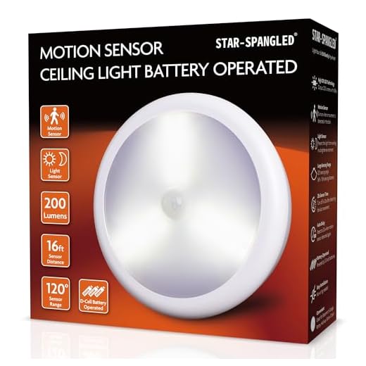 STAR-SPANGLED 6.3” Motion Sensor Ceiling Light Indoor AA or D-Cell Battery Operated for Hallway, Stairs, Basement, Garage, Laundry Area, Closet, Natural White, AA to D Battery Adapters Included