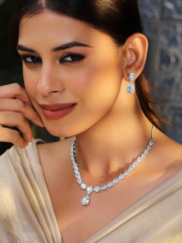 Image of Rubans Necklace Set Rhodium Plated Crystal Studded Jewellery Gift for Women & Girls