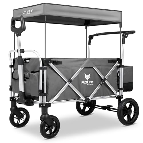 FUXLIFE Chariot Pliable Enfants FX-CTL900 Gris – Chariot de Transport avec Toit Solaire, Harnais 5 Points, Intérieur Rembourré, Roues à Suspension, Sac...