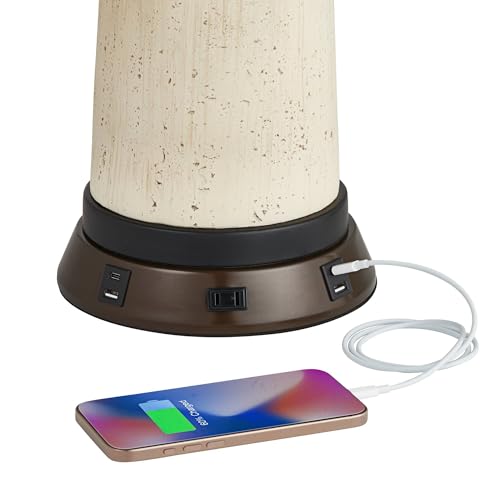 Possini Euro Design Cosgrove Mid Century Modern Table Lamp with USB and AC Power Outlet Workstation Charging Base 26.5" High Textured White Ceramic Light Brown Linen Drum Shade for Living Room - Image 6